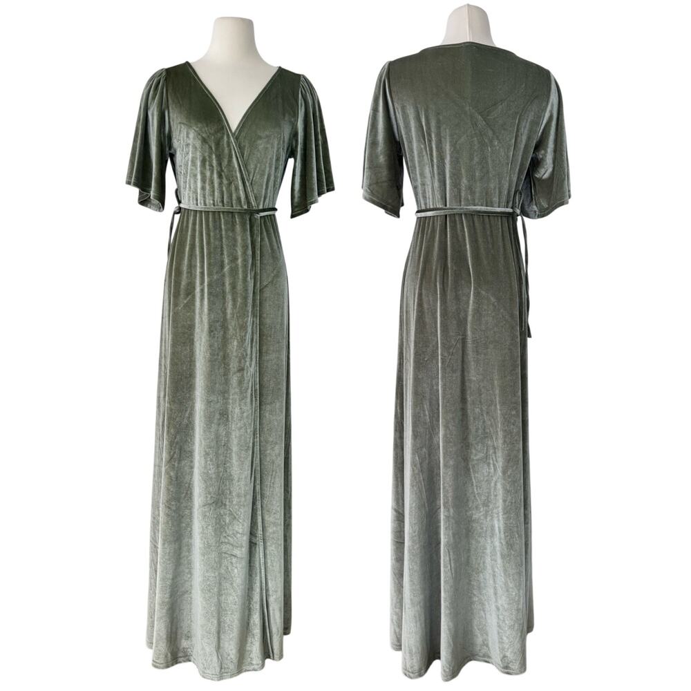 Flutter Sleeve Velvet Wrap Maxi Dress - Olive Green